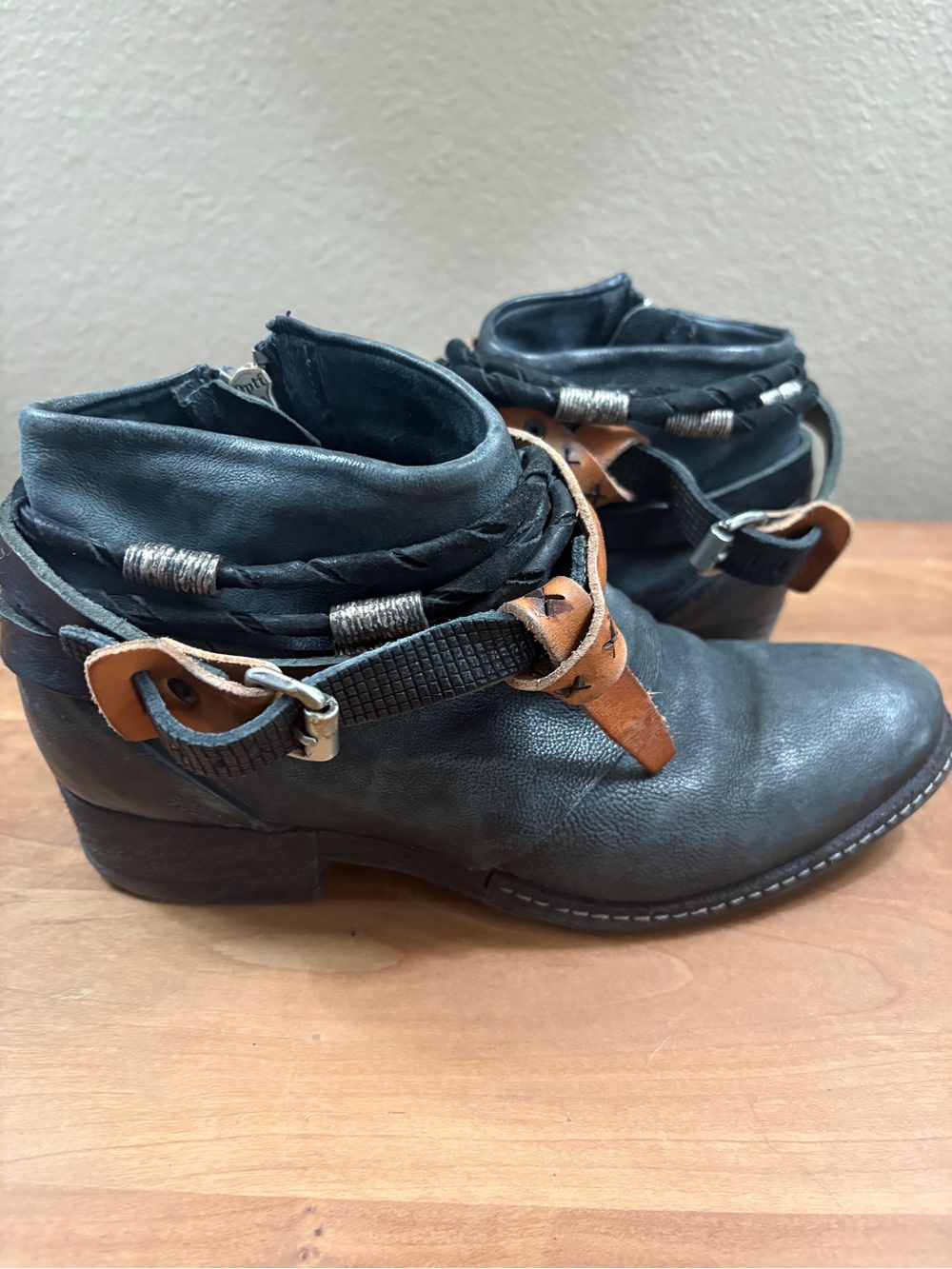 A.S.98 Black Leather distressed Ankle Boots Silver Accent/Leather Braid sz 37/7